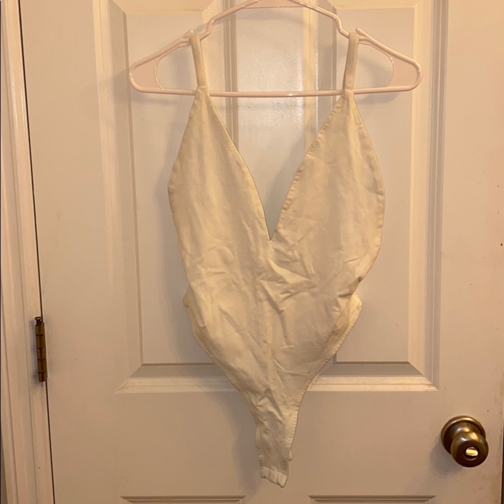 White deep plunge tank bodysuit